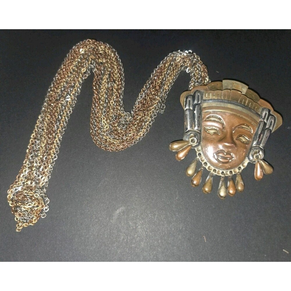 Vintage JHP Taxco Metales Casados Mixed Metal Face Mask Pendant Brooch Mexico